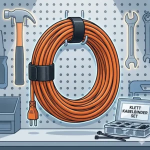 A klett kabelbinder set used for storing extension cords in a workshop.