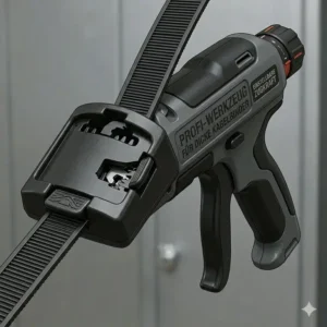 8. A close-up illustration showing the tensioning gun in operation on the wide cable tie strap. Keyword: kabelbinder für dicke kabel.