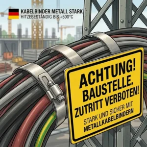 kabelbinder metall stark im Einsatz zur Befestigung von Schildern auf einer Baustelle.