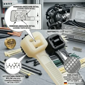 Detailansicht des robusten Verschlussmechanismus eines hitzebeständigen Kabelbinders.