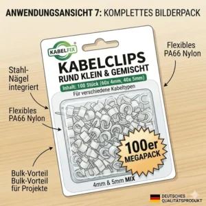 Vorratspackung mit 100 Stück Kabelclips rund klein für Heimwerkerprojekte.