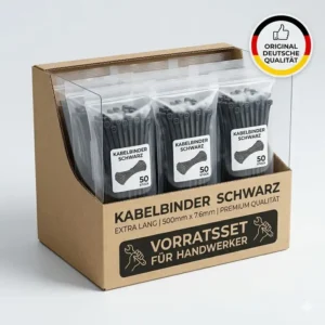 Darstellung einer Großpackung oder eines Vorratssets der kabelbinder schwarz extra lang für Handwerker.