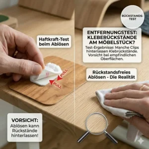 Demonstrating clean removal without sticky residue as part of the kabelclips selbstklebend test.
