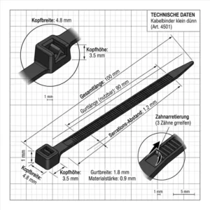 Technische Zeichnung mit präzisen Millimeter-Maßen für einen Kabelbinder klein dünn auf Millimeterpapier.