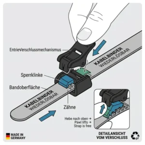 Illustration des Hebel-Verschlussmechanismus für kabelbinder wiederlösbar zum einfachen Öffnen und Schließen.