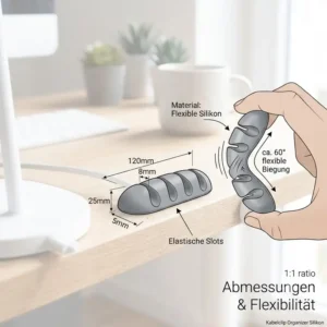 Illustration detailing dimensions and the flexible properties of a kabelclip organizer silikon derived from image_2.png.