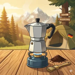 Klassischer Espressokocher auf einem Gaskocher als kaffeemaschine ohne strom camping beim Zelten.