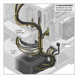 Detaillierte Illustration des PC-Kabelmanagements mit Kabelbinder klein dünn für eine saubere Bündelung der Komponentenkabel.