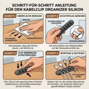 A four-step illustration guide for installing the adhesive kabelclip organizer silikon on a desk surface from image_3.png.
