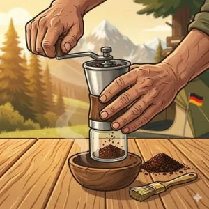 Frische Kaffeebohnen mahlen für die kaffeemaschine ohne strom camping mit einer manuellen Handmühle.