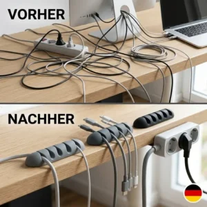 Comparison illustration of desk cable mess 'Vorher' and desk tidiness 'Nachher' achieved with kabelclip organizer silikon from image_5.png.