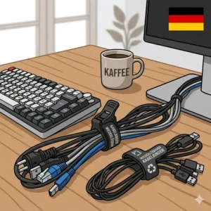 Vektor-Illustration von sauber geordneten PC-Kabeln hinter einem Schreibtisch dank kabelbinder wiederlösbar.