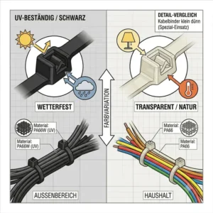 Material- und Farbvergleich zwischen UV-beständigen schwarzen und transparenten Kabelbinder klein dünn für Innen- und Außenbereich.