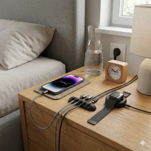 An illustration showing how to set up a nightstand charging station using a kabelclip organizer silikon for phone and watch from image_7.png.