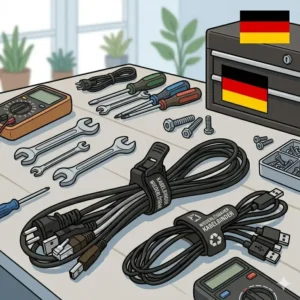 Illustration von aufgerolltem Werkzeug-Zubehör gesichert mit kabelbinder wiederlösbar in einer Werkstatt.