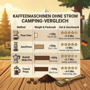 Eine Infografik und ein Vergleich verschiedener Modelle für die kaffeemaschine ohne strom camping nach Gewicht.
