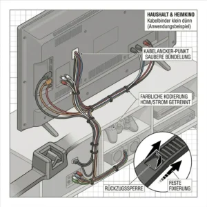 Unsichtbare Kabelbündelung hinter dem Fernseher und Heimkino-System durch den Einsatz von Kabelbinder klein dünn.