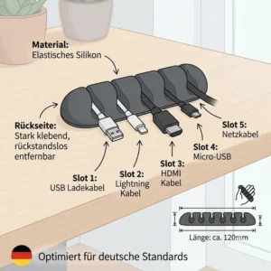 An illustrative diagram of a kabelclip organizer silikon with a 5-slot design, showing compatibility with USB, Lightning, and other cables from image_9.png.