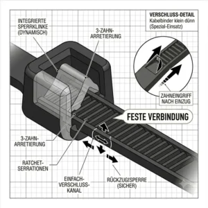 Technische Makroansicht des robusten 3-Zahn-Verschlussmechanismus von einem Kabelbinder klein dünn für feste Verbindung