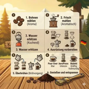 Eine Schritt-für-Schritt-Anleitung für die Kaffeezubereitung mit der kaffeemaschine ohne strom camping im Wald.