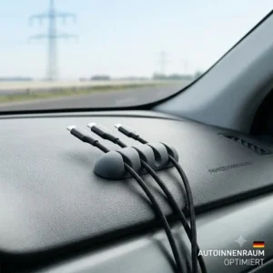 An illustrative view of a kabelclip organizer silikon managing multiple charging cables on a car dashboard from image_11.png.
