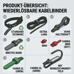 Übersichtsgrafik verschiedener Längen, Breiten und Farben von kabelbinder wiederlösbar aus Kunststoff.