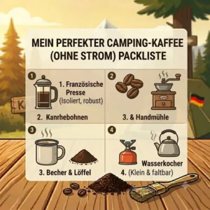 Eine Packliste mit Zubehör für die kaffeemaschine ohne strom camping inklusive Becher und Kaffeebohnen.