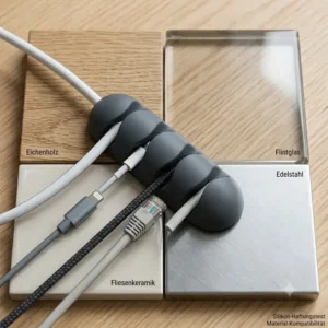 An illustration testing the adhesion of a kabelclip organizer silikon across a grid of wood, glass, ceramic, and metal samples from image_13.png.