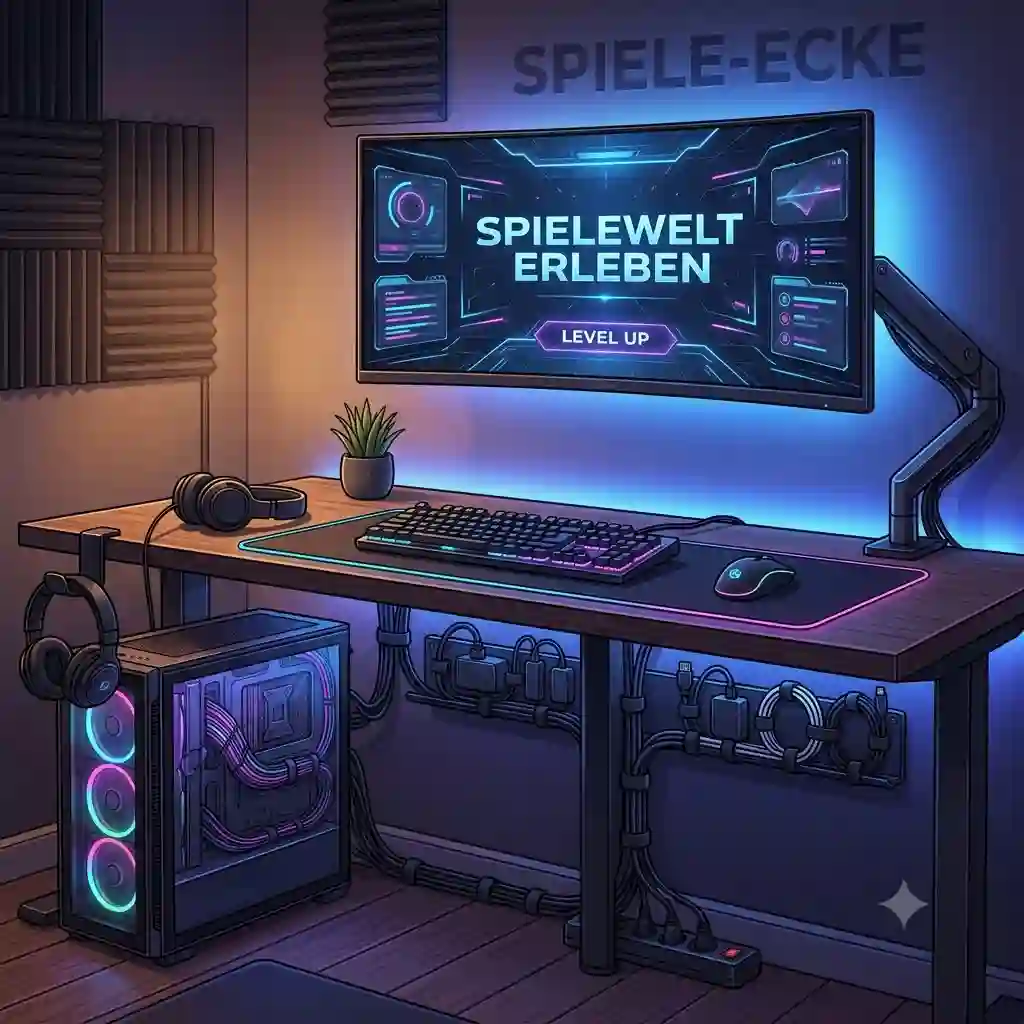 A beautifully organized gaming corner with integrated RGB lighting and flawless gaming setup kabelmanagement, showing no visible wires.