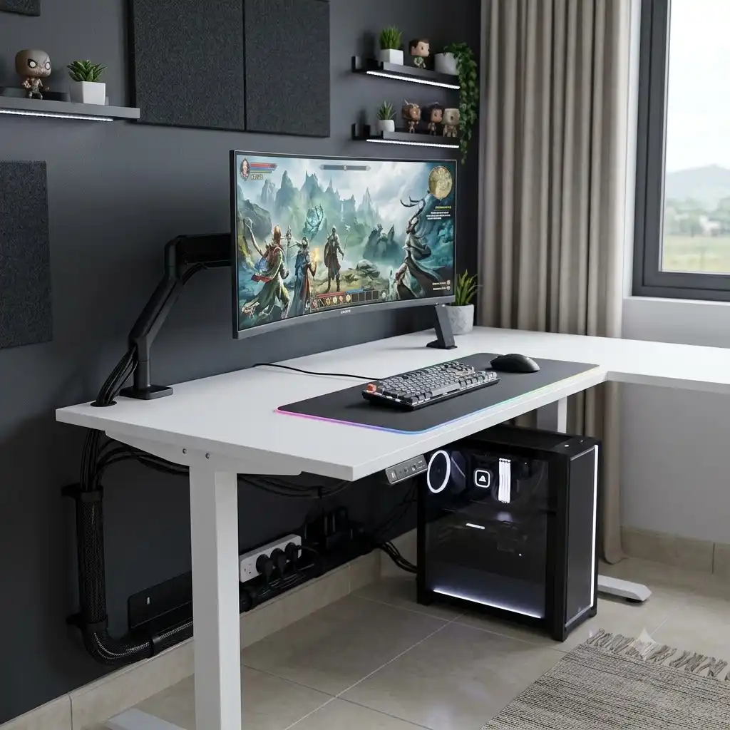 A complete gaming schreibtisch kabelsystem setup with invisible wires and a curved monitor.