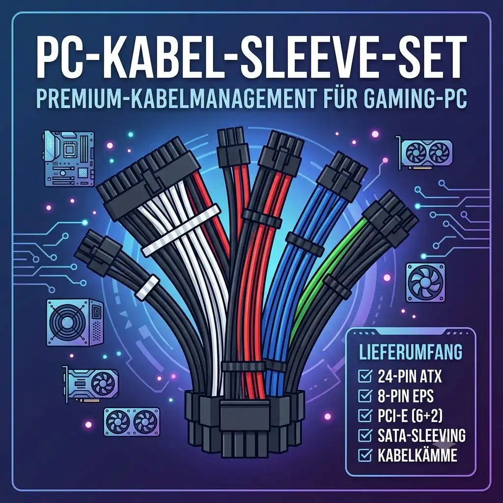 Ein komplett ausgestattetes PC-Kabel-Sleeve-Set in Weiß und Schwarz, sauber verlegt in einem modernen Gaming-PC mit Custom-Wasserkühlung.