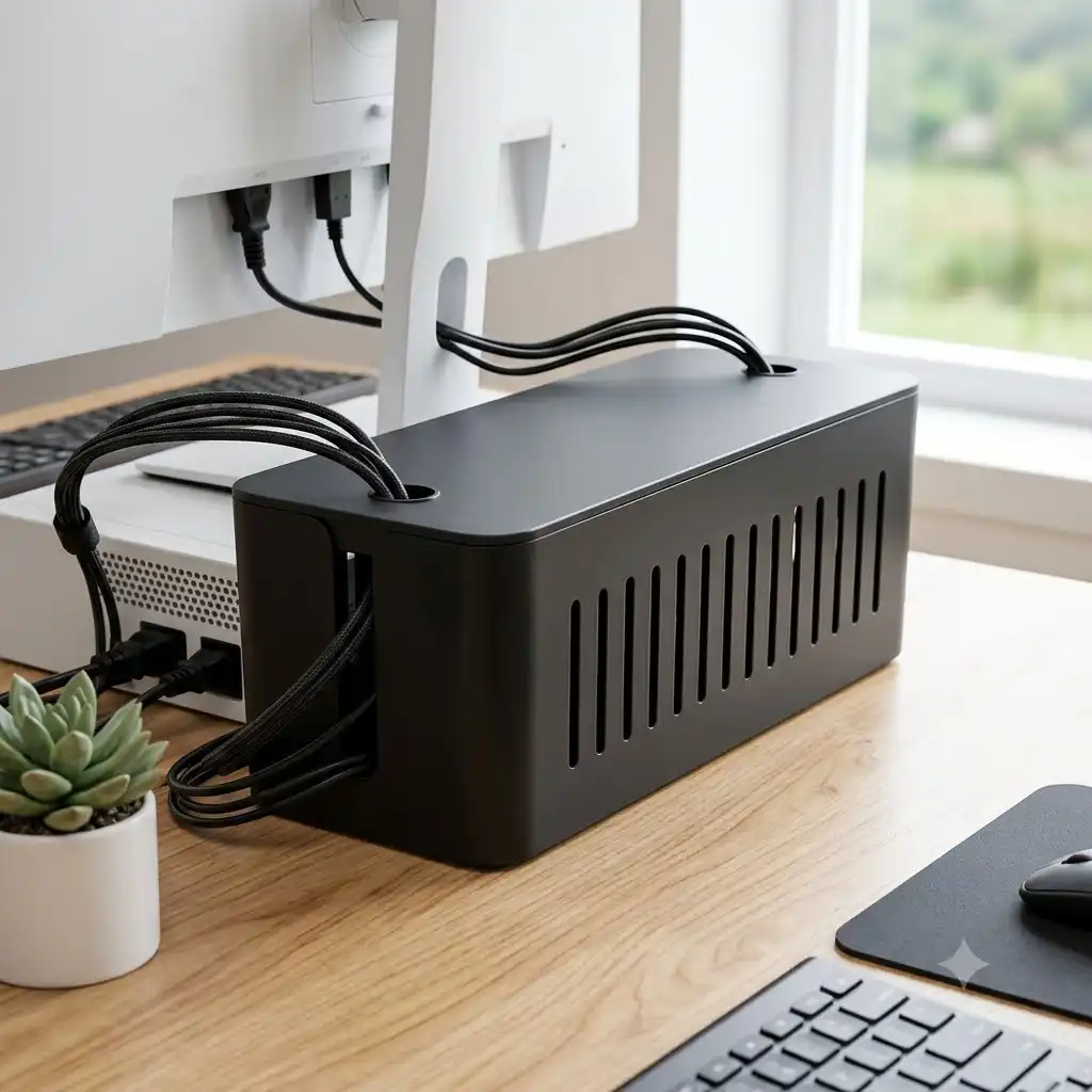 PC Kabelbox mit Belüftung und ordentlich verlegten Kabeln auf einem modernen Schreibtisch.