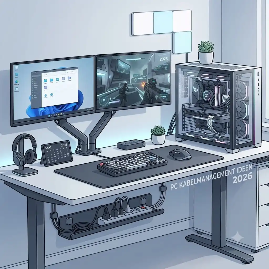 Modern gaming setup showing advanced pc kabelmanagement ideen 2026 for a clean desk environment.