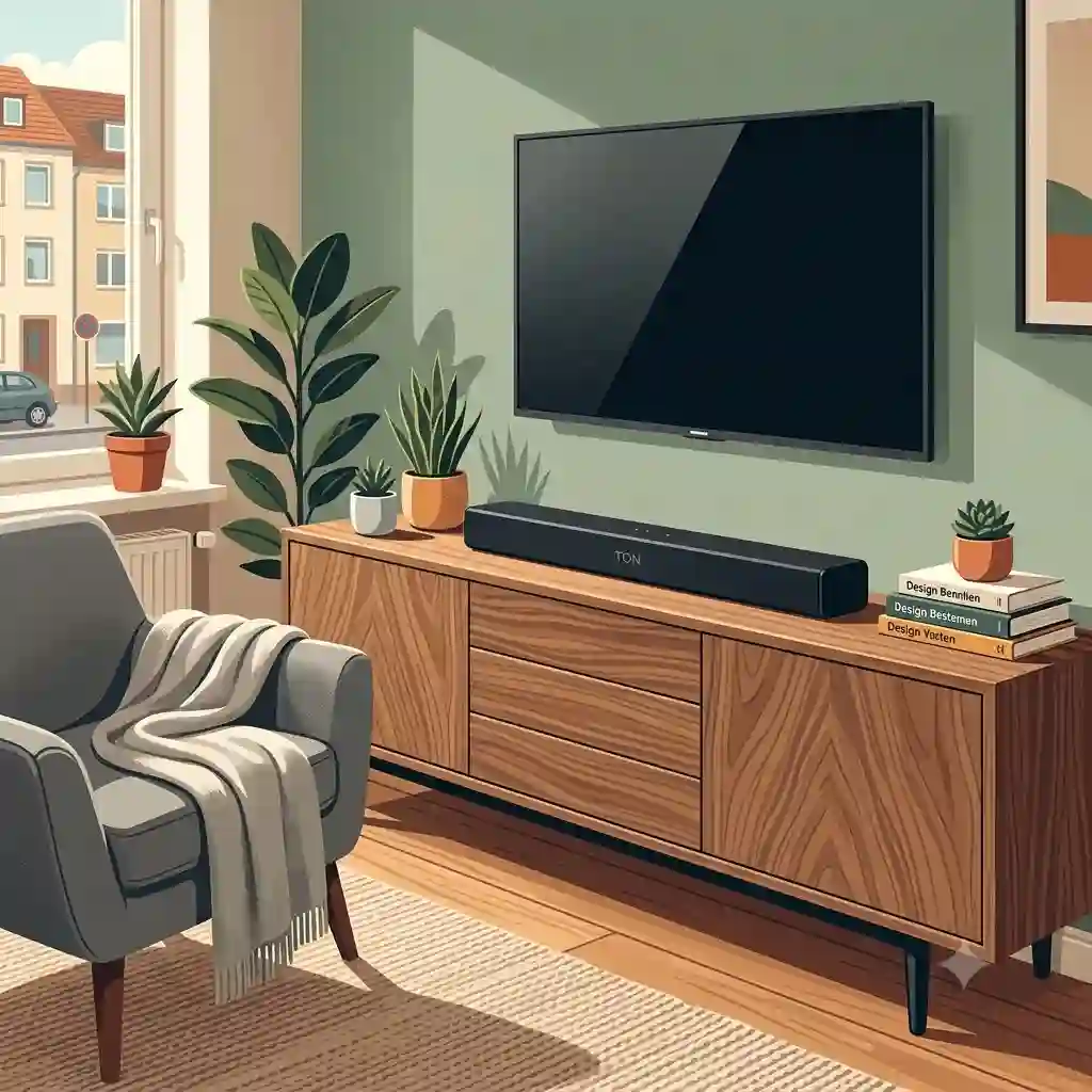 Minimalist living room with sleek TV and soundbar cable concealing tips, no wires visiblesoundbar kabel verstecken tips.