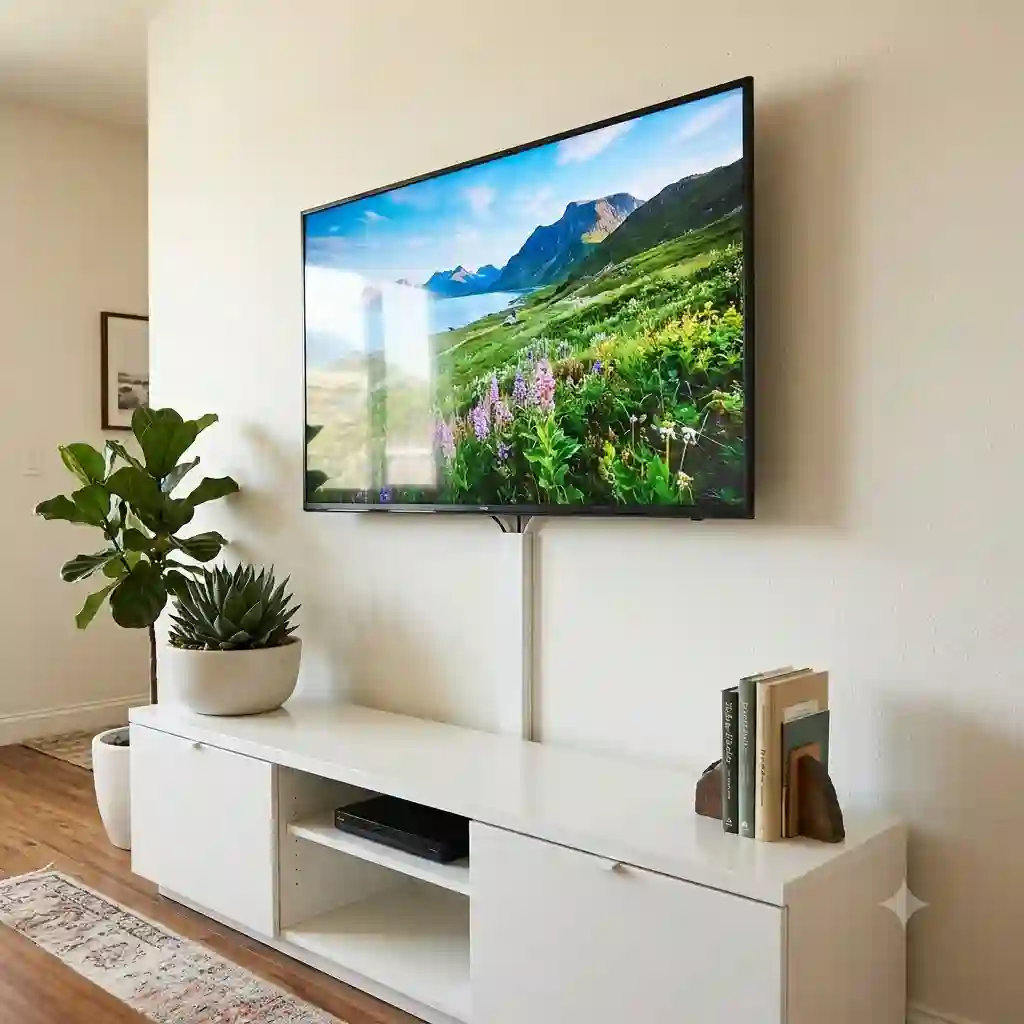 A clean living room setup showing modern tv cable management no drilling below a wall-mounted TV.tv kabelmanagement ohne bohren