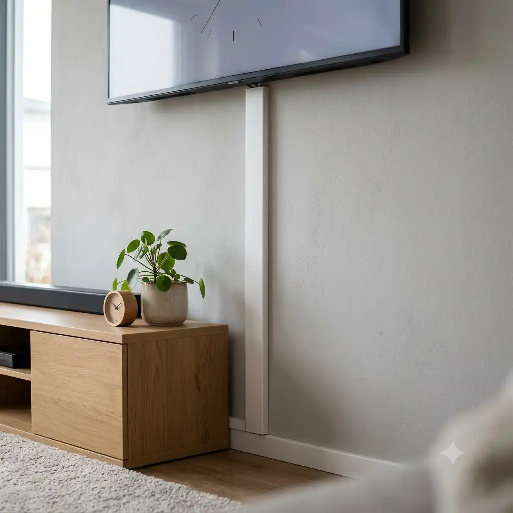 Modern TV cable cover elegantly installed on a living room wall for a minimalist design.tv kabelabdeckung modern