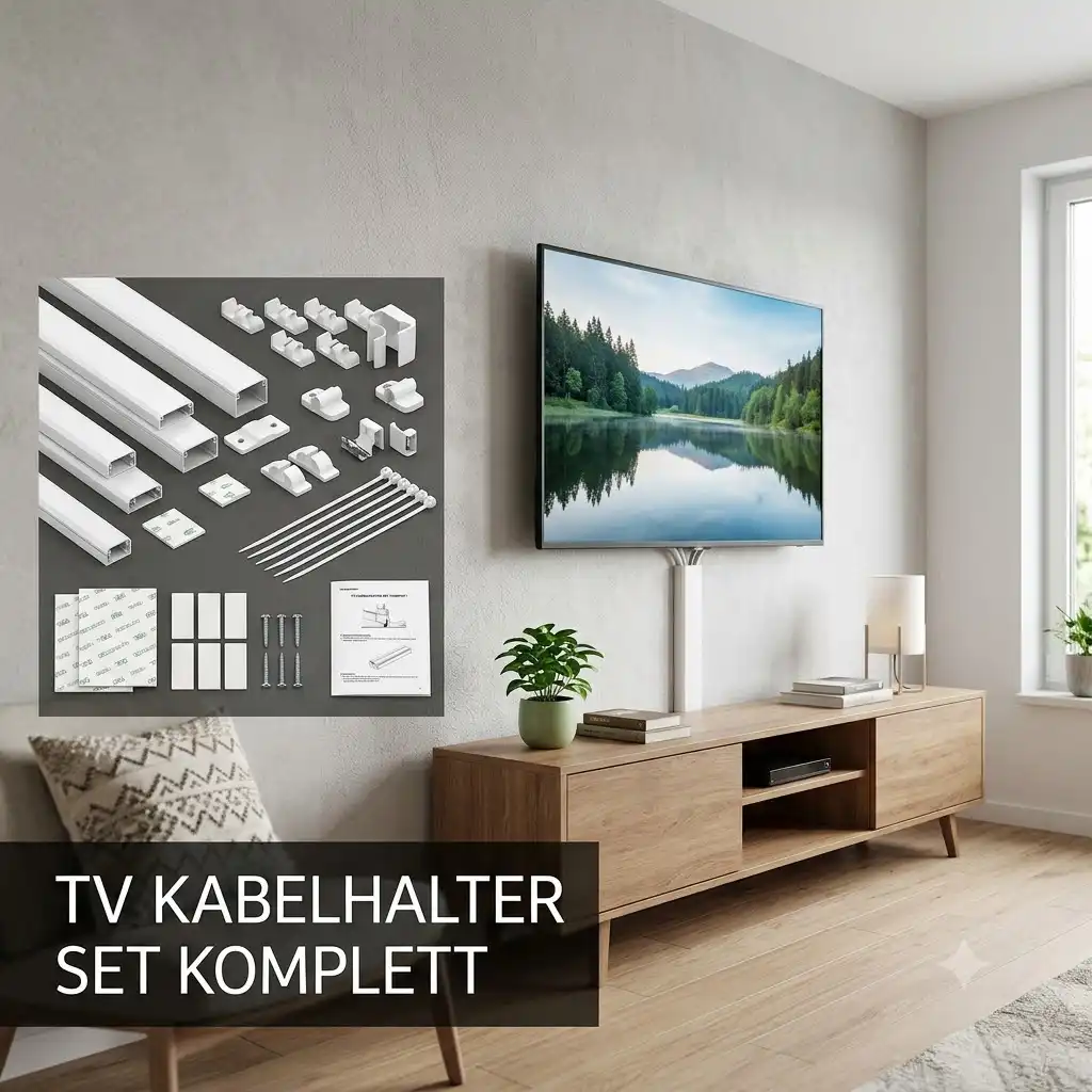 Modern living room with a wall-mounted TV featuring a clean tv kabelhalter set komplett for perfect cable management.