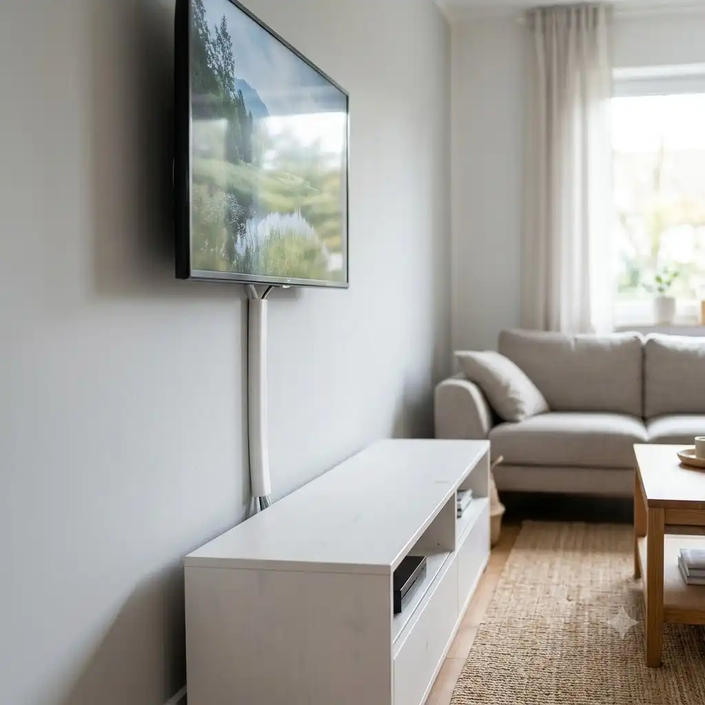 A white TV Kabelschutz Schlauch elegantly hides the cables of a wall-mounted TV in a living room.