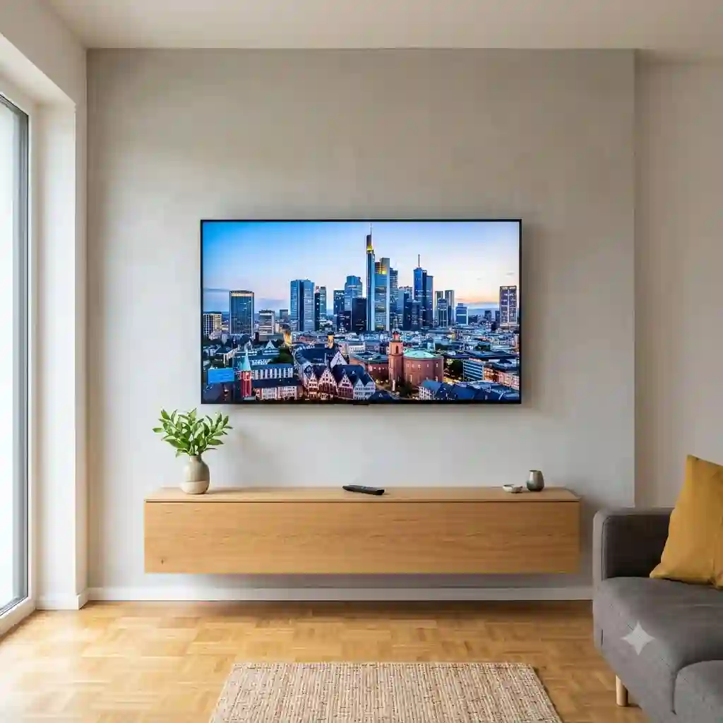 Modern living room featuring a flush-mounted TV on a tv wandhalter kabel unsichtbar where all wires are hidden behind the wall.
