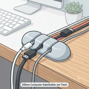 Silicone computer kabelhalter tisch clips managing USB and charging cables on the desk edge.
