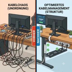A split illustration comparing a messy cable mess to a tidy workspace after implementing proper gaming setup kabelmanagement.