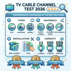 An informative infographic displaying different material types like aluminum and plastic for the tv kabelkanal test 2026.