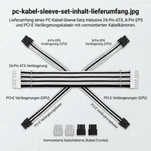 Lieferumfang eines PC-Kabel-Sleeve-Sets inklusive 24-Pin ATX, 8-Pin EPS und PCI-E Verlängerungskabeln mit vormontierten Kabelkämmen.