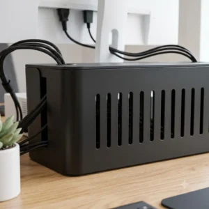 Nahaufnahme der Belüftungsschlitze einer PC Kabelbox mit Belüftung zur Vermeidung von Hitzestau.