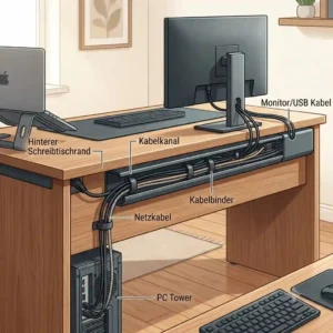 Illustration 1 showing an open pc kabelkanal hinter schreibtisch with organized monitor and power cables.