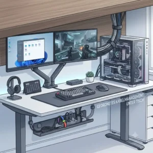 Practical pc kabelmanagement ideen 2026 using an under-desk tray to hide power strips and cables.