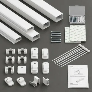 Package contents of the tv kabelhalter set komplett including clips, cable ties, and mounting accessories.