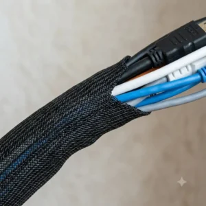 Close-up of a flexible TV Kabelschutz Schlauch with Velcro for easy bundling.