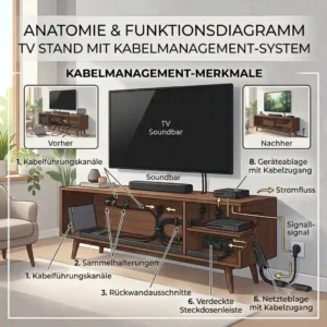Illustration showing the built-in elements of a tv stand kabelmanagement system.