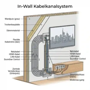 Technical diagram showing tv wandhalter kabel unsichtbar with in-wall cable routing conduit behind drywall.